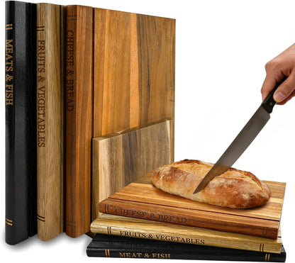 Book Cutting Board Set of 3 - Wooden Cutting Boards That Look Like Books with Stand, Acacia Wood for Meat, Vegetables, Cheese & Bread - Unique Kitchen Decor & Hygienic Gift