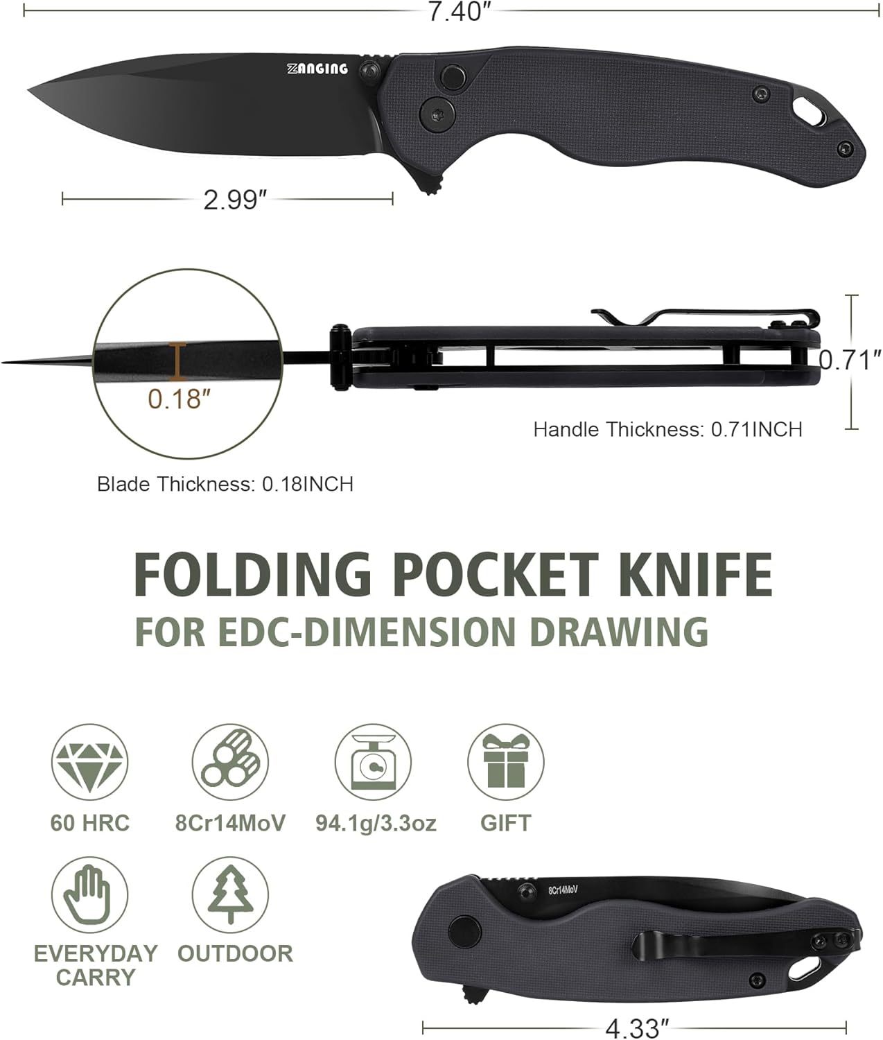 Pocket Folding Knife(EDC)- With 2.99” 8Cr14MoV Steel Blade and G10 Handle,- Lightweight Folding knives with Clip for Camping, Hiking, Hunting Survival Multi-Knife (Green)