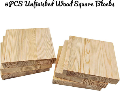 6PCS Unfinished Wood Square Blocks for Crafts, 6x6x1in Blank Wooden Squares Pine Wood Boards for Carving,DIY Wood Coasters,Painting & Burning