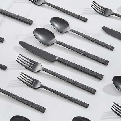 KINGSTONE 24 Pcs Black Hammered Silverware Set with Steak Knives for 4, 18/10 Stainless Steel Heavy Duty Flatware Set, Tableware Cutlery Utensil Sets for Home Restaurant Dishwasher Safe