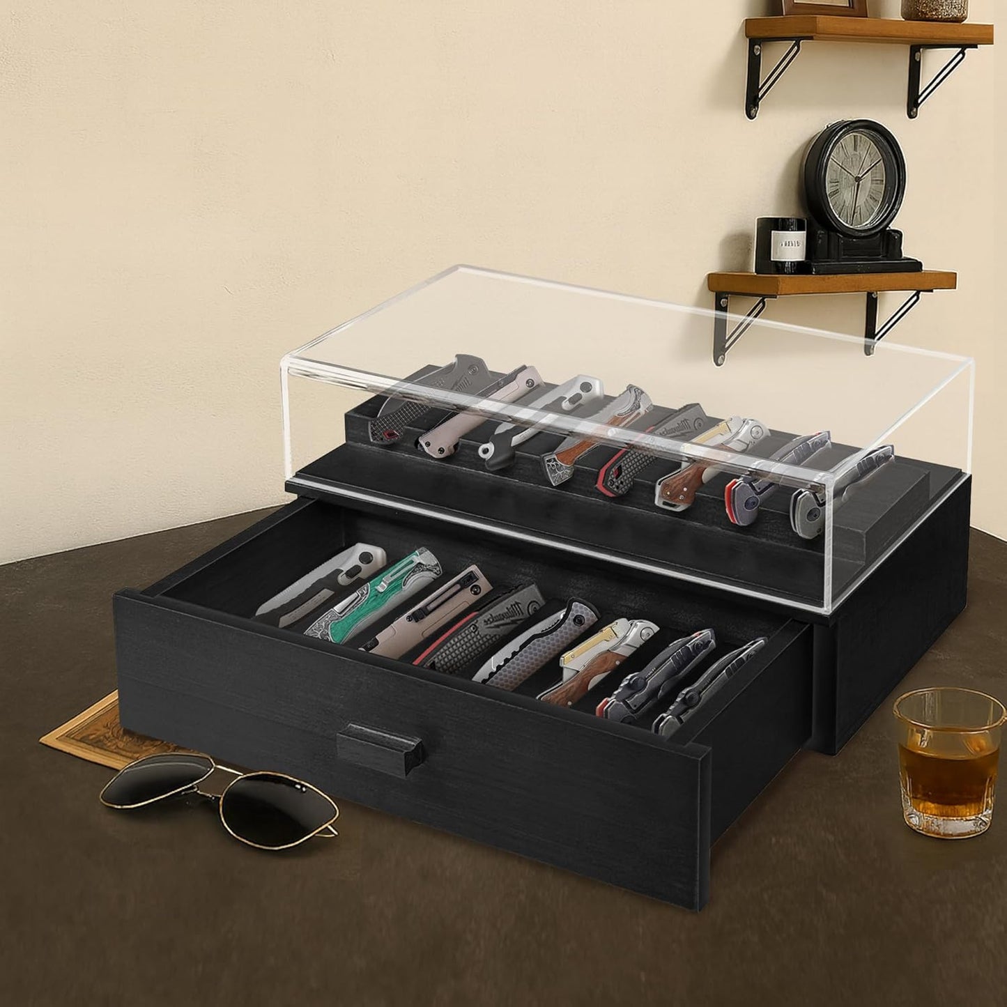 Knife Display Case,2 Tier Wooden Pocket Knife Collection Case with Acrylic Lid, Pocket Knife Storage Drawer Organizer, Walnut
