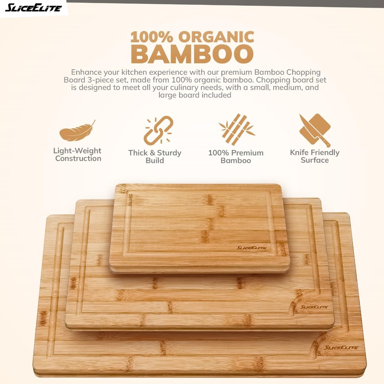 SliceElite Extra Large Bamboo Cutting Board Set 3 Piece End Grain Wooden Chopping Boards with Holder Non Slip Feet Juice Groove XL Butcher Block Style Boards for Kitchen Carving and Serving