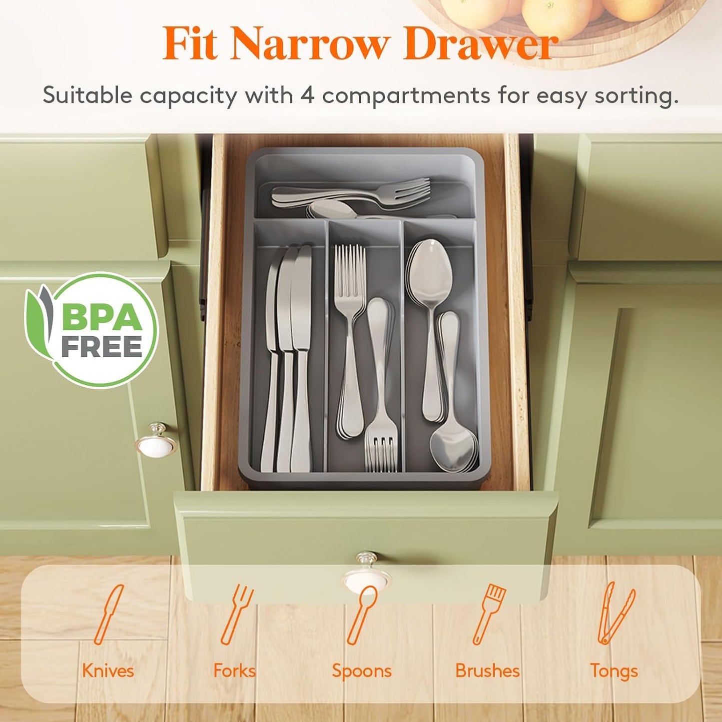 Lifewit Silverware Drawer Organizer Tray, Plastic Cutlery Storage for Kitchen, Flatware and Utensil Holder Divider for Spoons Forks Knives Tableware, 9.1 x 12.6", 5 Slots, Black