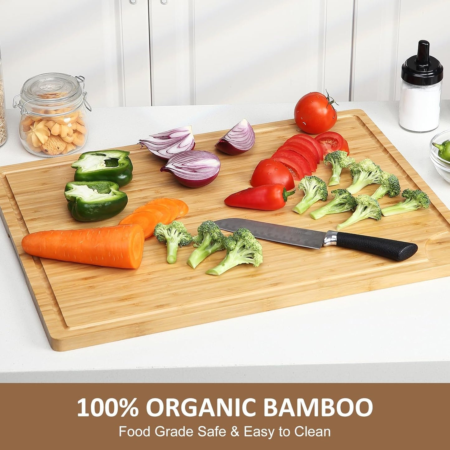 Extra Large 100% Organic Bamboo Cutting Board, 24x18 Inch Over the Sink Chopping Board/Carving Board with Handle and Juice Groove for Turkey, Meat, Vegetables, BBQ