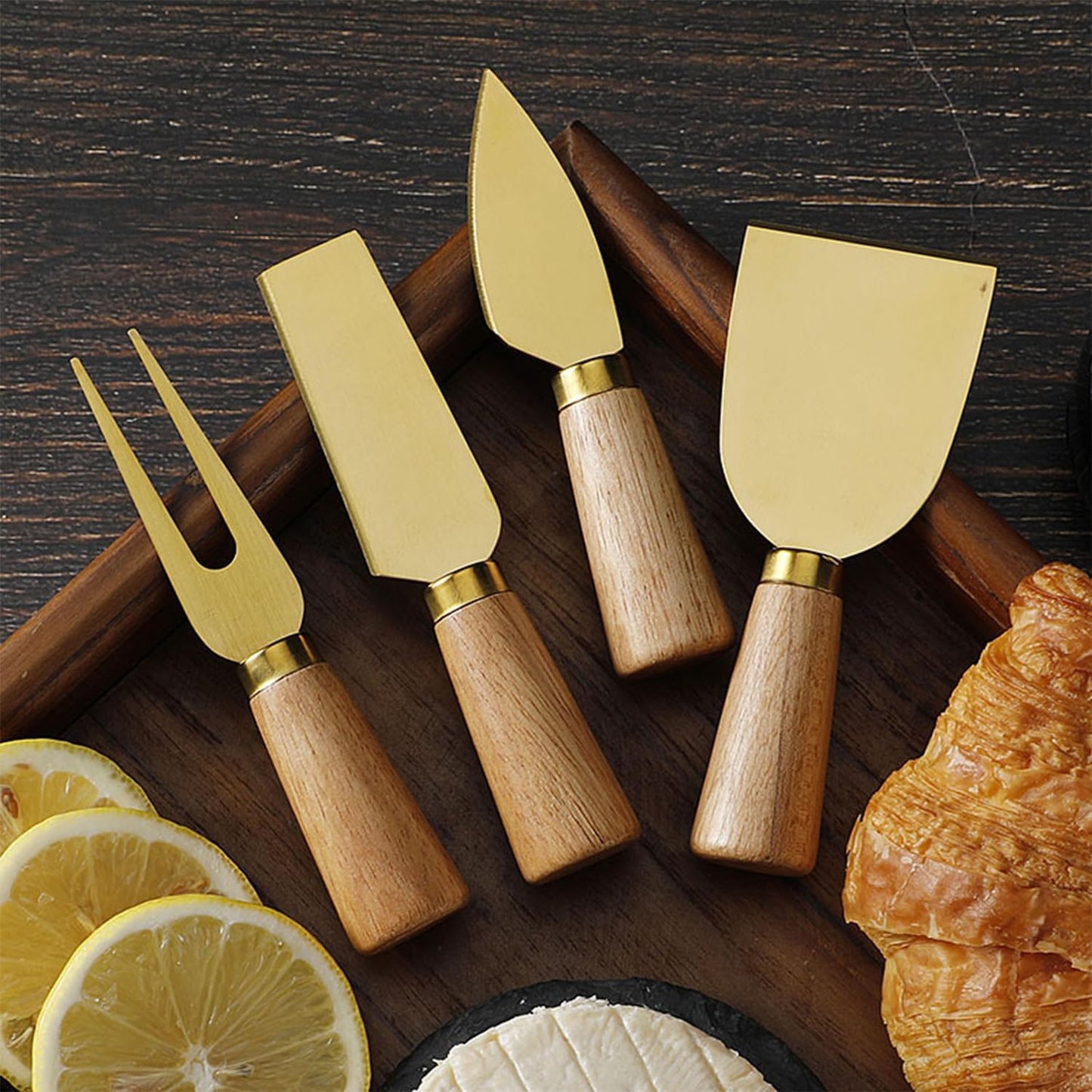 Stainless Steel Cheese Knife Set with wood Handle,Professional Cheese Slicer, Spreader & Fork for Charcuterie Boards, Cheese Platters, Kitchen & Entertaining, Christmas Gift for Women & Men (4)