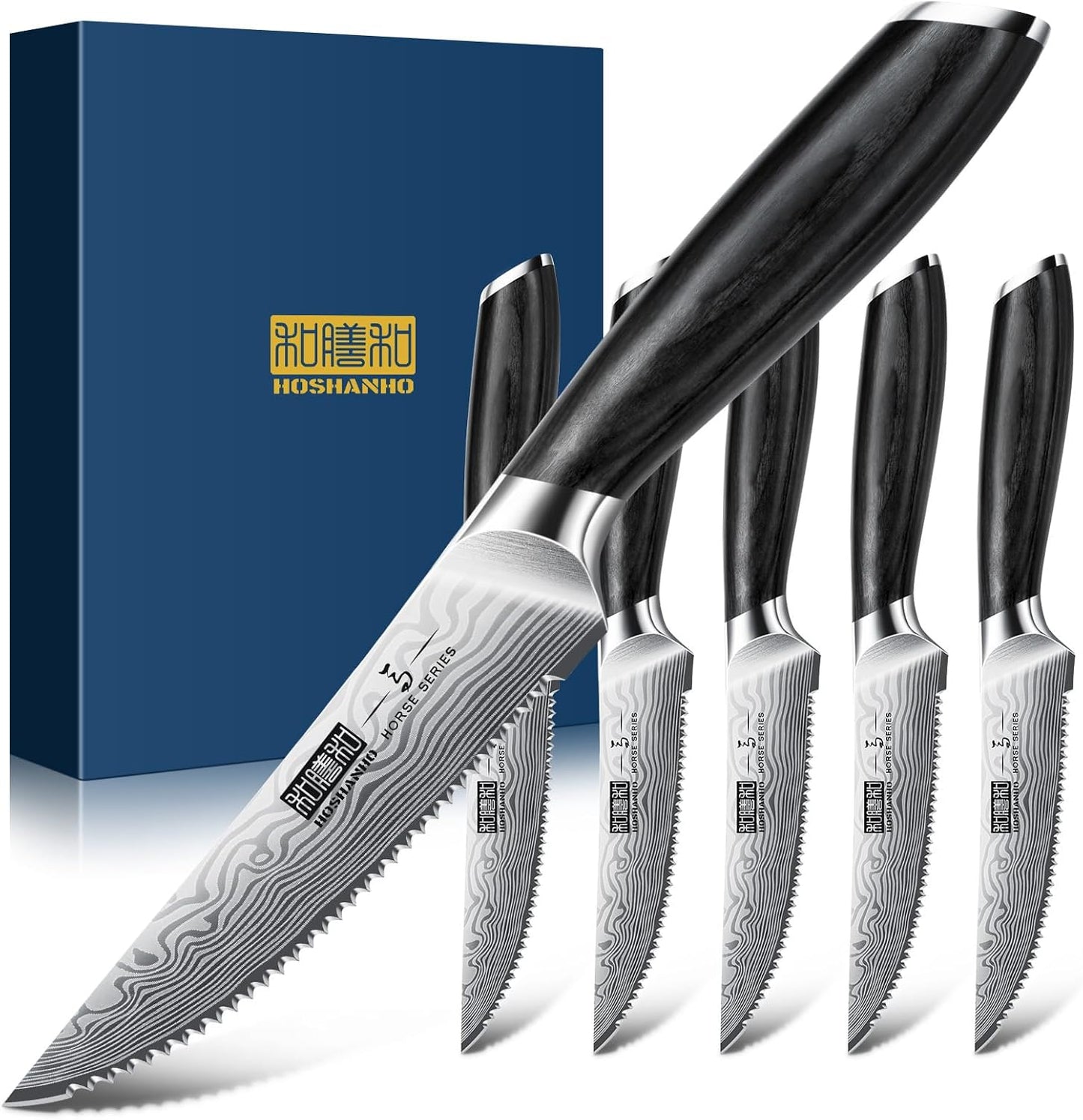 HOSHANHO 7-Piece Serrated Steak Knife Set, 4.5 Inch Japanese High Carbon Steel Steak Knives Set with Block, Razor-Sharp Kitchen Dinner Knives with Ergonomic Pakkawood Handle