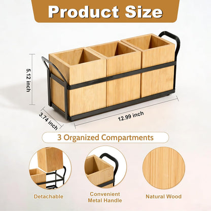 Kitchen Utensil Holder for Countertop, 3 Compartments Wooden Utensils Organizer for Cooking Utensils, Silverware, Spatula, Fork, Knife, Cutlery Storage for Kitchen Counter-White