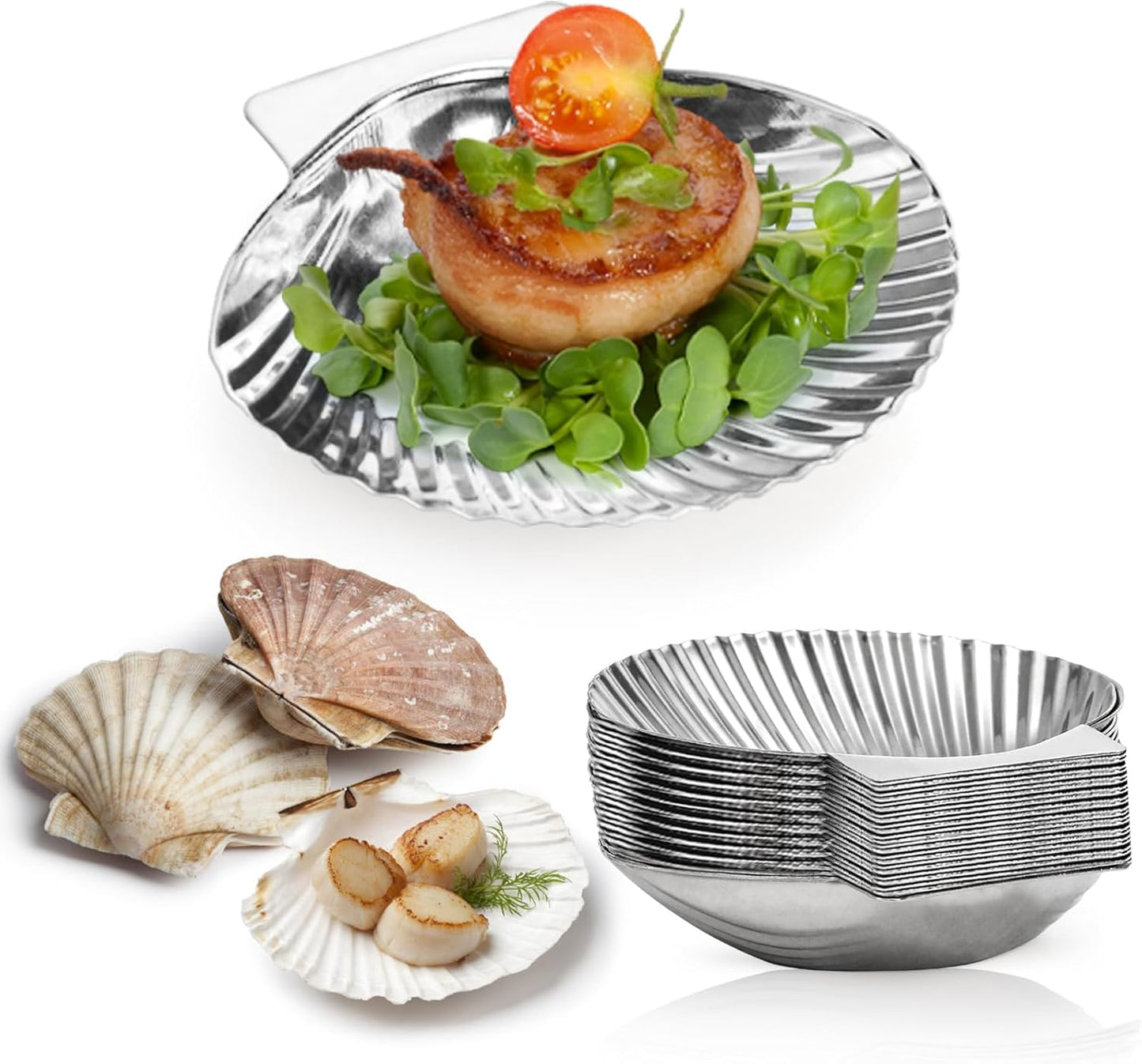 Fasmov Set of 20 Stainless Steel Grillable Oyster Shells, Reusable Oyster Grilling Pan, Oysters Baking Dish for Make Oysters, Baked Clams, Scallop, Seafood of All Kind, Silver