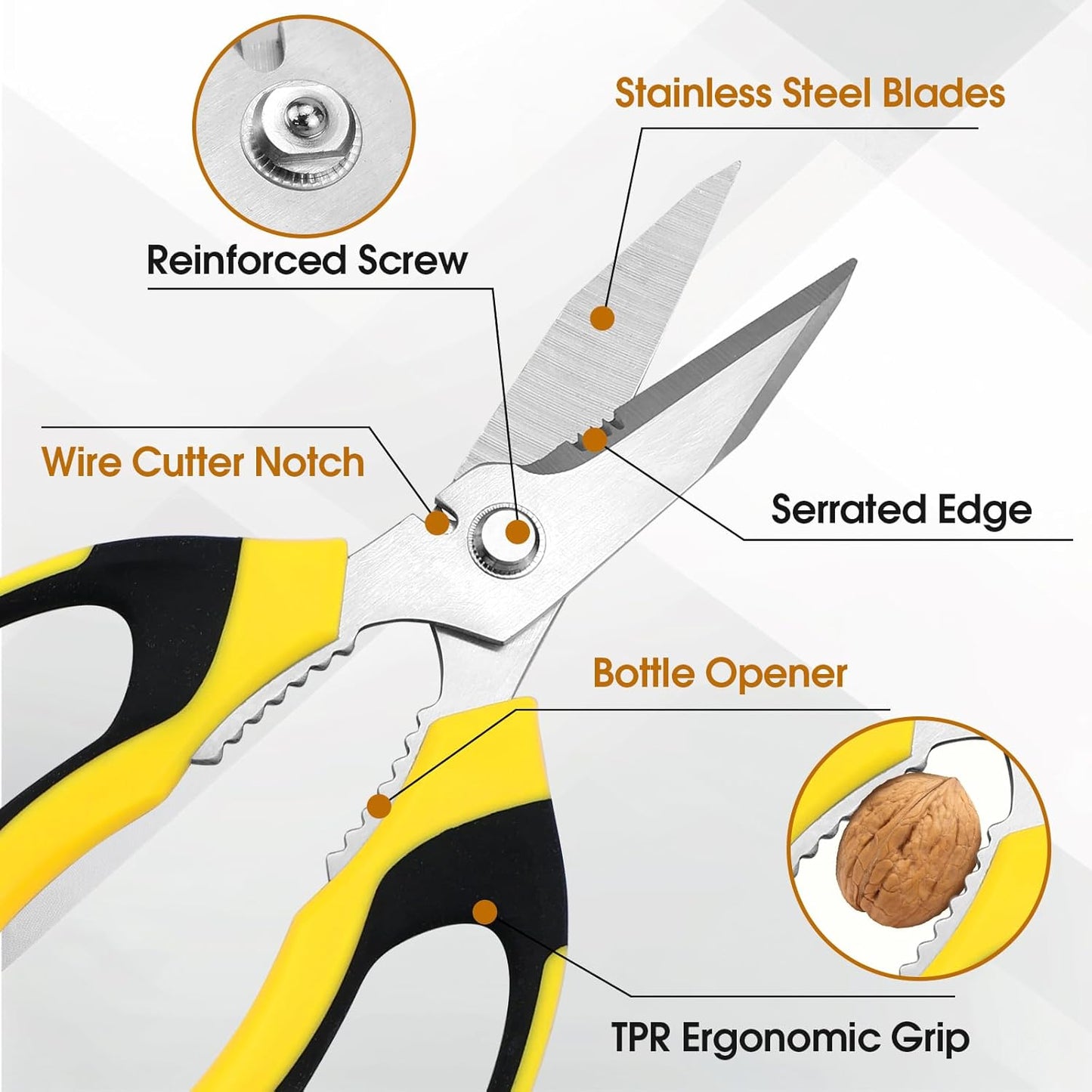 8 Inch Utility Scissors for Kitchen, Office, Craft & DIY – Heavy Duty Stainless Steel Multipurpose Scissors for Cutting Cardboard, Fabric, Carpet, Wire and Leather – with Protective Cover