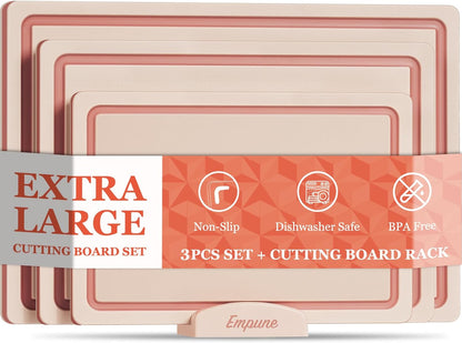 Empune 3-Piece Plastic Cutting Boards for Kitchen - Thick & Non-Slip Chopping Board Set with Juice Grooves, Dishwasher Safe, BPA Free, Includes Large & Small Sizes, Gray