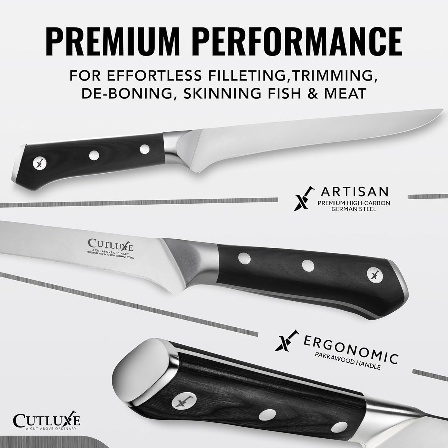 Cutluxe Curved Boning Knife – 6" Boning Knife for Meat Cutting, Filleting – High Carbon German Steel, Full Tang & Ergonomic Handle Design – Artisan Series