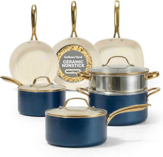 Gotham Steel 20pcs Pots and Pans Set Non Stick Ceramic Cookware Set with Deep Frying Pan Set & 6pc Knife Set, Improved Ti-Cerama Coating Made without PFOA PFOS Lasts 2x Longer, Oven & Dishwasher Safe