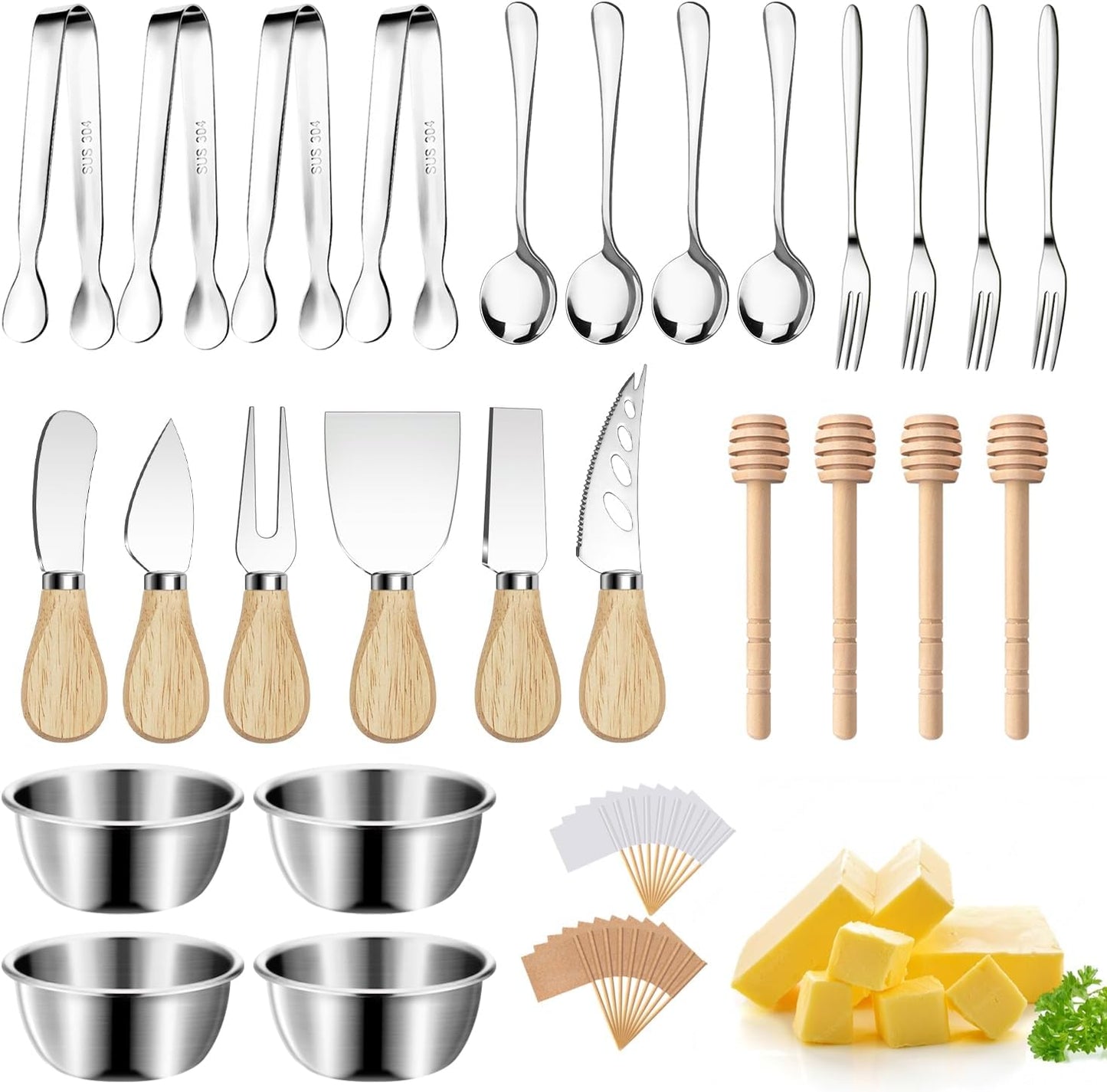 Charcuterie Boards Accessories Gold Charcuterie Utensils Cheese Butter Spreader Knife Set Small Serving Tongs Forks and Spoons Dipping Bowls Honey Dippers Toothpick Flags for Party Platter Making