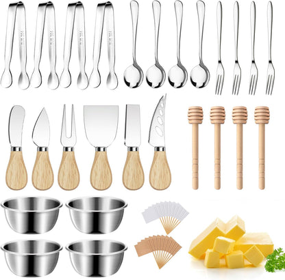 Charcuterie Boards Accessories Gold Charcuterie Utensils Cheese Butter Spreader Knife Set Small Serving Tongs Forks and Spoons Dipping Bowls Honey Dippers Toothpick Flags for Party Platter Making