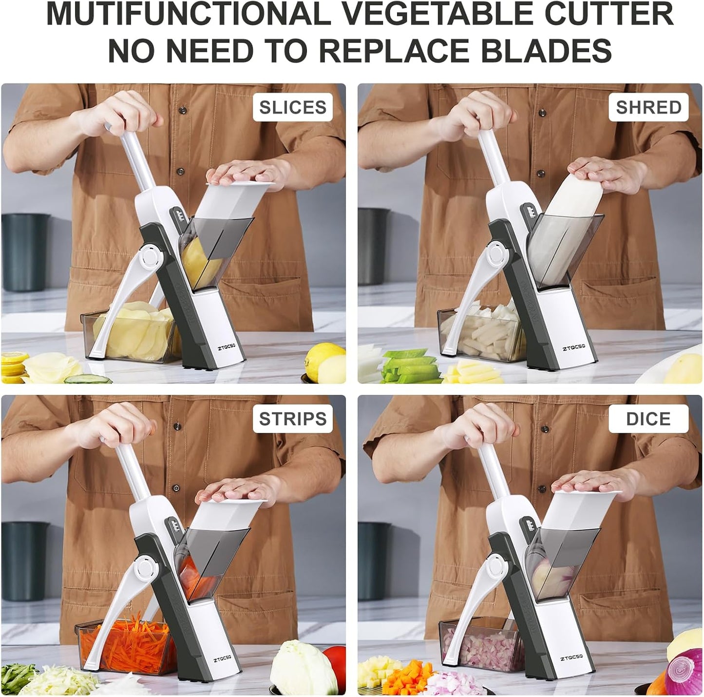 5 in 1 Safe Mandoline Slicer for Kitchen, Safe Vegetable Chopper, Paring Knife, Adjustable Thickness, Easy to Clean, Vegetable Slicer, Slicing, Strips, Shredding, Dicing, Chop (Black Knight)