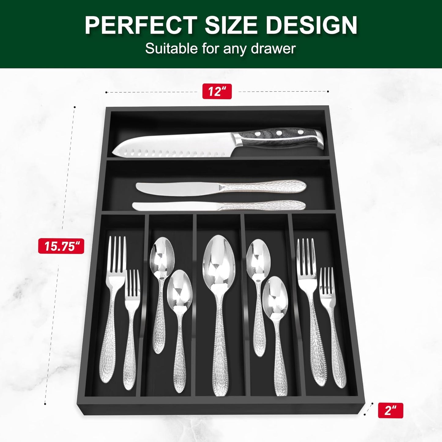 Bellsal Natural Utensil Organizer 12.5 Inch Silverware Organizer for Drawer Utensil Holder Cutlery Organizer Kitchen Drawer Organizer 7 Compartment Small Narrow Bamboo