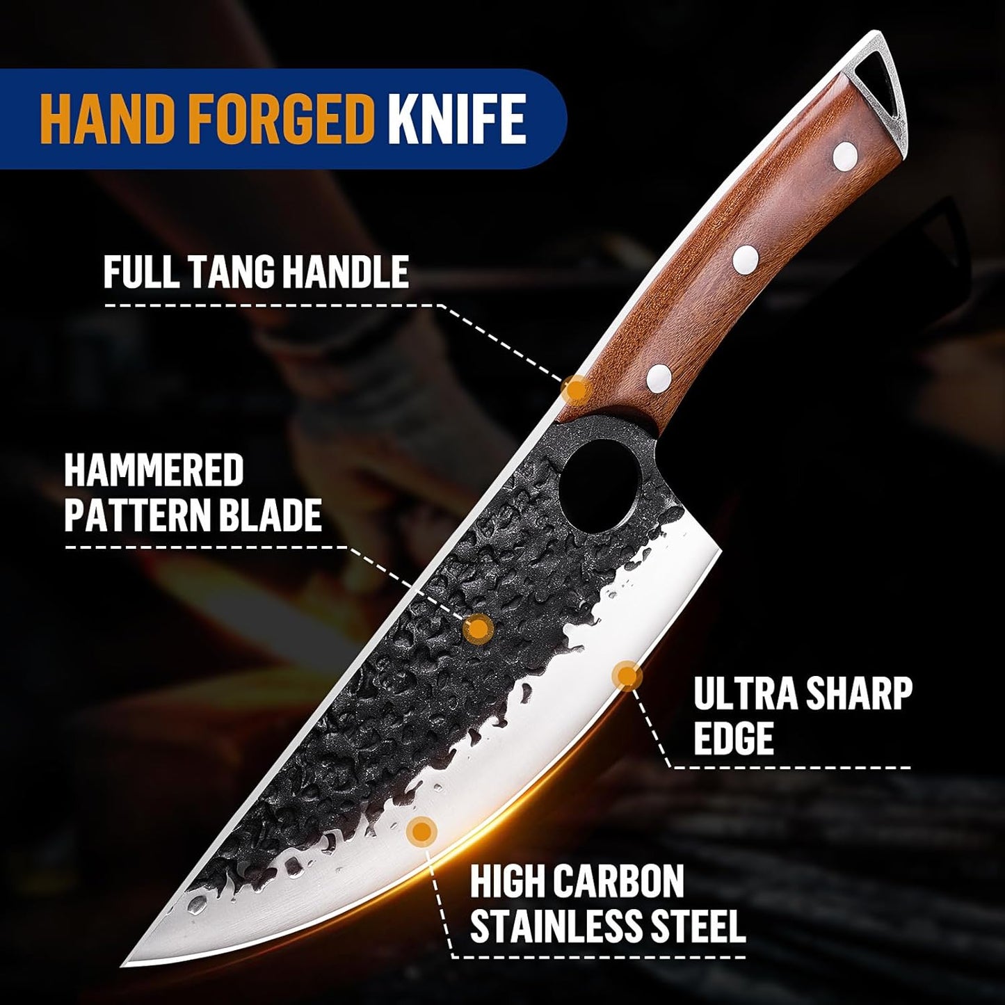 KITNATS 9PCS Butcher Knife Set with Roll Bag, Hand Forged Kitchen Knife Set with Meat Cleaver, Boning Knife & Chef Knife for BBQ, Meat Processing, Camping, Outdoor Cooking, Gift for Men