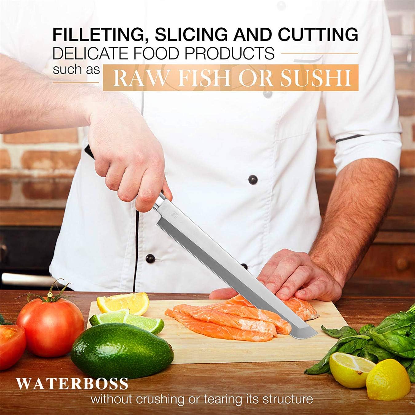 Waterboss,Japanese Sushi Chef Knife Salmon Knife Slicer Razor Sharp Sashimi Watermelon Knives, 5Cr15mov Stainless Steel Sashimi Yanagiba Knife, Maple Handle, 11.8inch (300mm)
