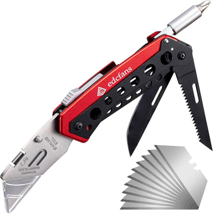 edcfans Folding Utility Knife Box Cutter with 5 Razor Blades, Pocket Utility Knives, Screwdriver, Saw, Lock Design, Clip and Holder for Belt, EDC Heavy Duty Work Knifes, Fathers Day Dad Gifts for Papa