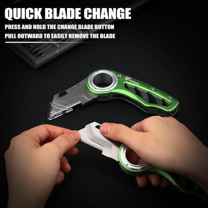 Tondiamo 4 Pcs Folding Pocket Utility Knife Heavy Duty Box Cutter Folding Razor Knife with Anti Slip Finger Loop Easy Change Blades 3 Lock Positions Design (Yellow,Red,Black,Green)