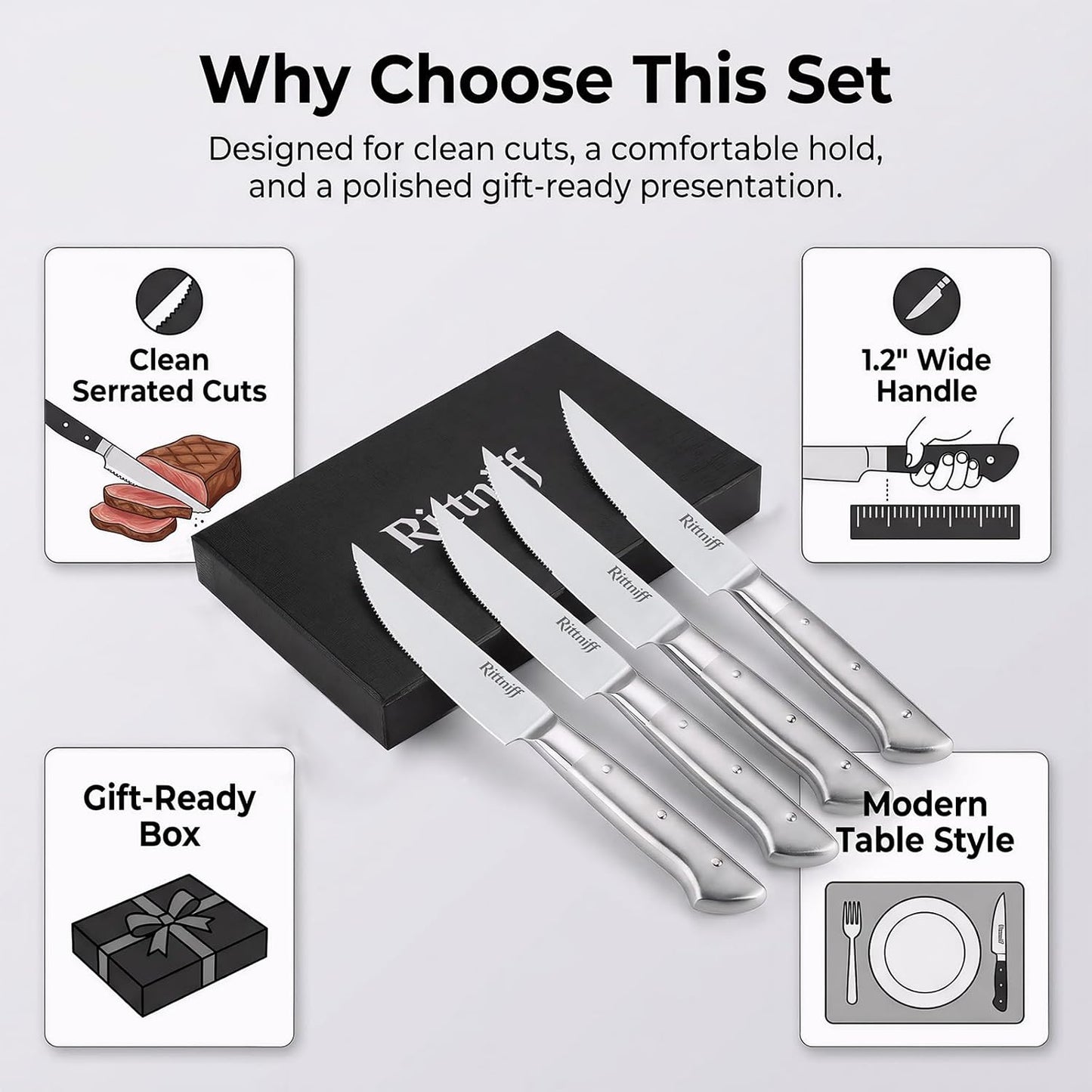 Steak Knives Set of 4, 5-Inch Serrated Stainless Steel Steak Knife Set with Wide Stainless Handle, Gift-Ready Box for Steak Night, BBQ, Housewarming & Wedding