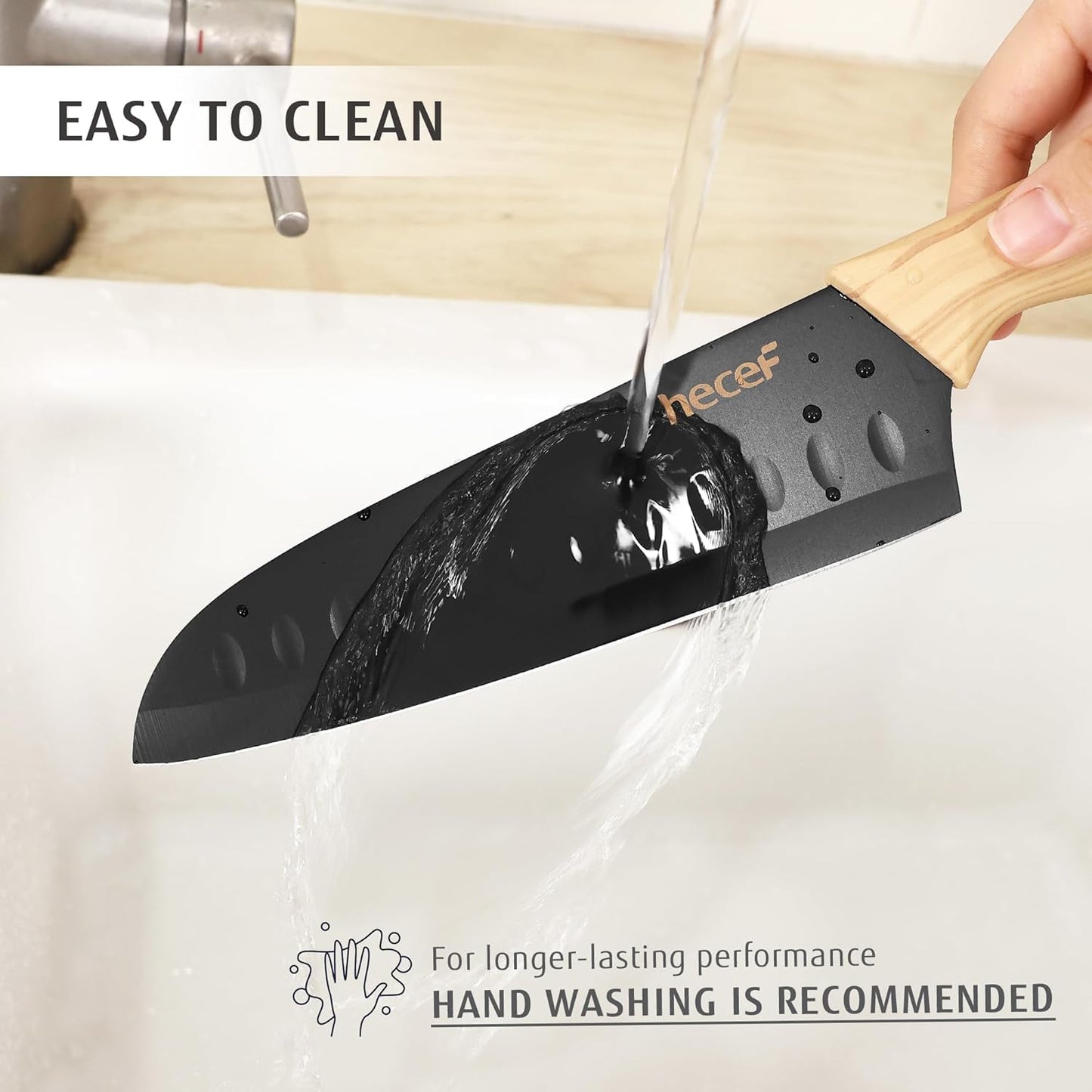 hecef Knife Set of 3, Stainless Steel Blade with Non-stick Coating, Sharp Kitchen Knives Includes Santoku, Utility, Paring Knives