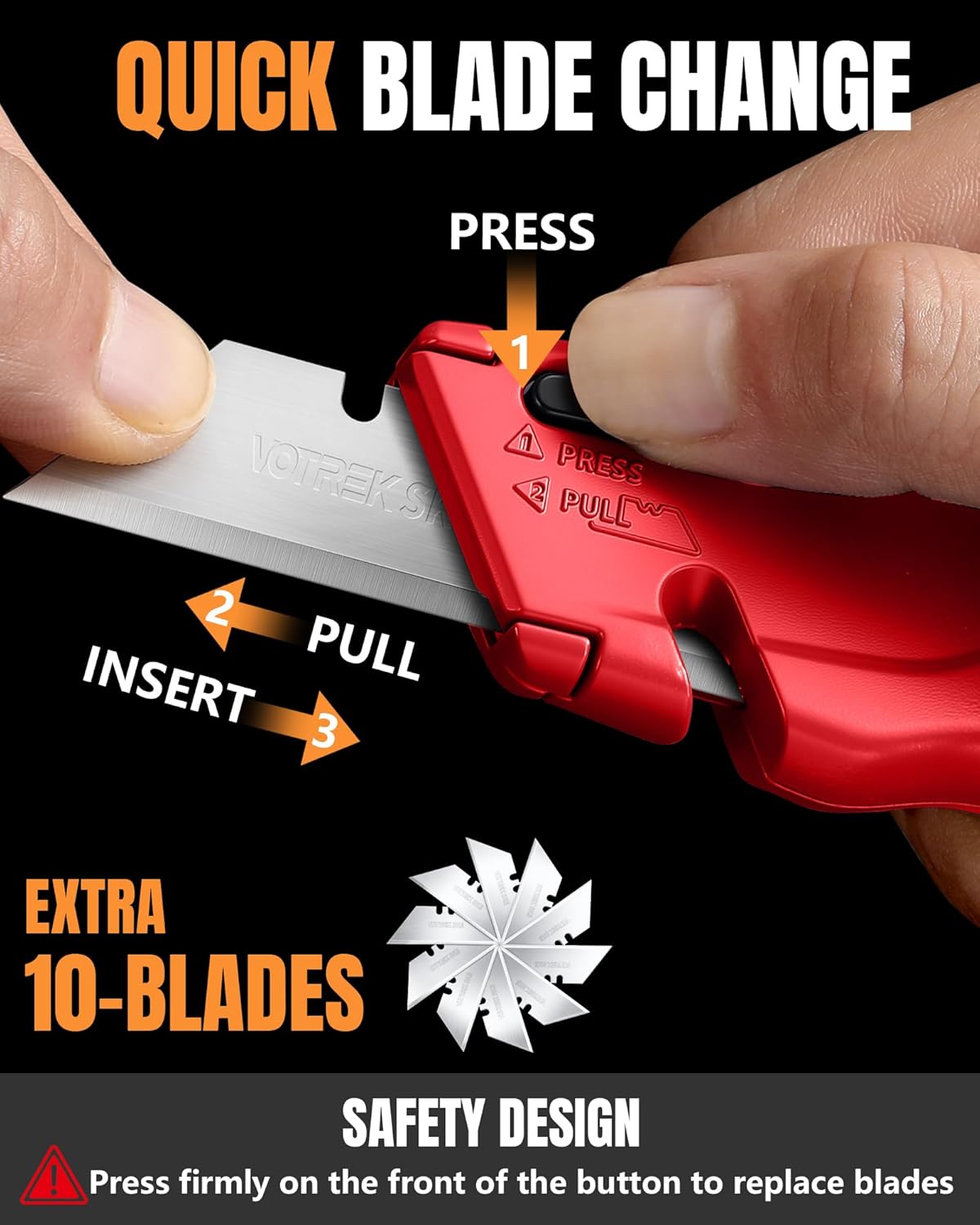VOTREK® Box Cutter Retractable| Metal Utility Knife Set【Built-In Storage】 Tool-Free Quick Blade Change| Safety Lock| Extra 10 Sharp SK5 Blades| 2-Pack Heavy Duty Razor Knife for Cardboard & Plastic