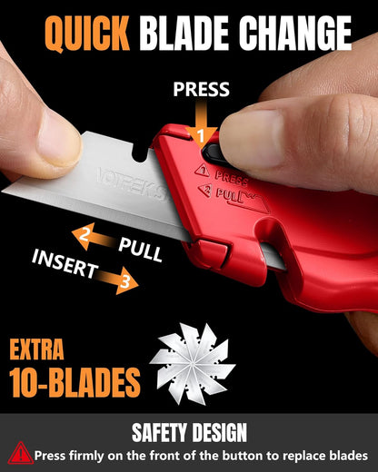 VOTREK® Box Cutter Retractable| Metal Utility Knife Set【Built-In Storage】 Tool-Free Quick Blade Change| Safety Lock| Extra 10 Sharp SK5 Blades| 2-Pack Heavy Duty Razor Knife for Cardboard & Plastic