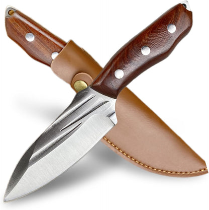 AOSILEY Pocket Fixed Blade Knife with Wood Handle and Leather Sheath for Camping, Outdoor Hunting,Tactical, Survival and EDC