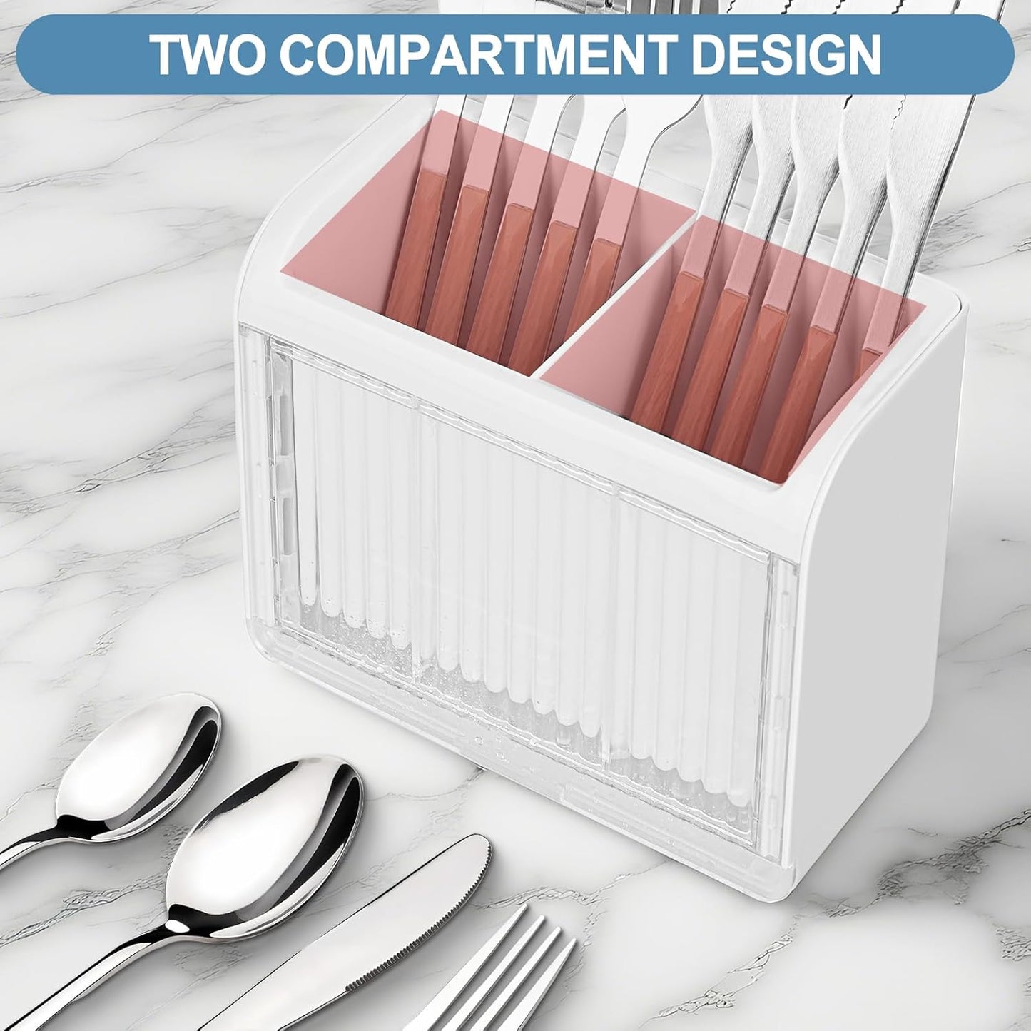 Utensil Holder, Kitchen Utensil Drying Holder with Drain Tray, Wall Mount Drainer Basket Silverware Cutlery Flatware Rack Forks, Knives, Spoons, Chopsticks Organizer - White