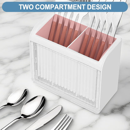 Utensil Holder, Kitchen Utensil Drying Holder with Drain Tray, Wall Mount Drainer Basket Silverware Cutlery Flatware Rack Forks, Knives, Spoons, Chopsticks Organizer - White