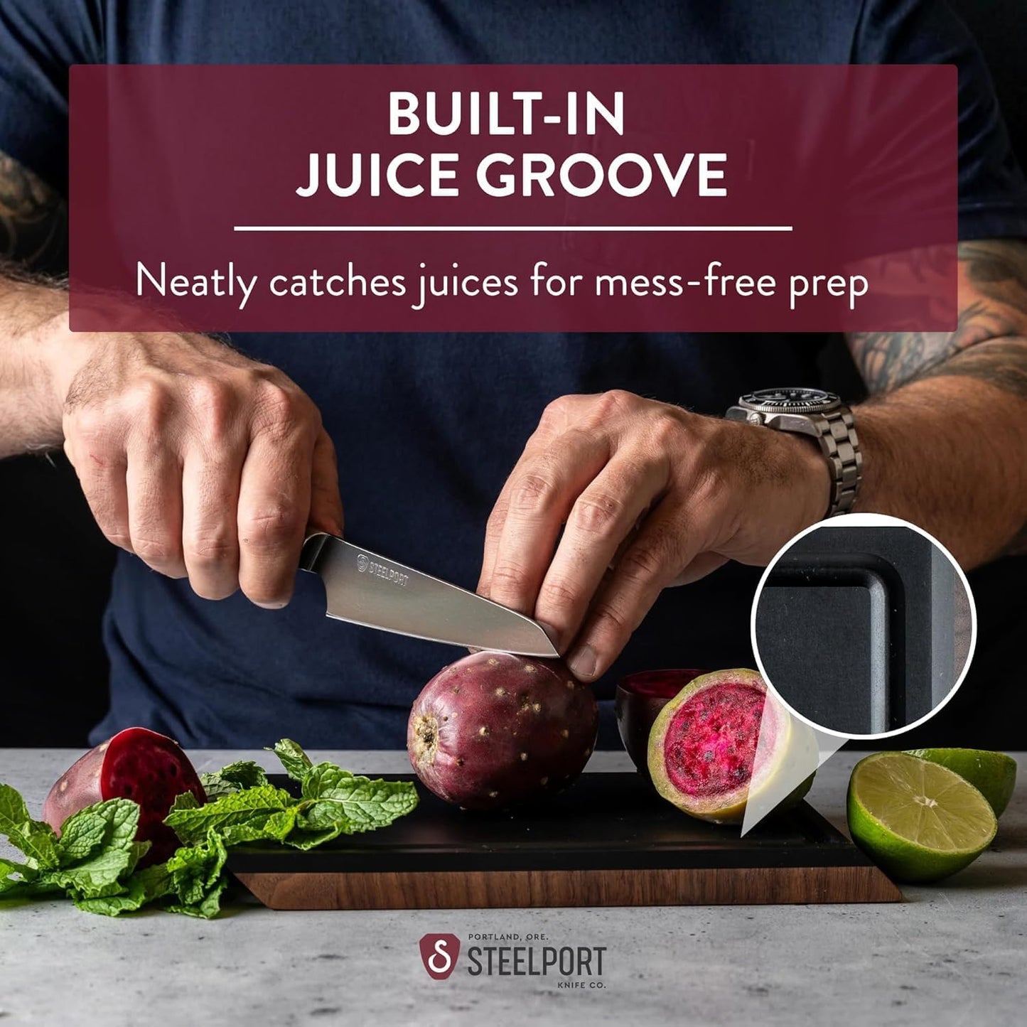 STEELPORT Small Cutting Board 9"x6" - Steel Reinforced, Utlra-thin Butcher Block | Dual Sided - End-grain Walnut Wood, Composite Side | Chopping Board with Juice Groove | USA Made for Home, Chefs
