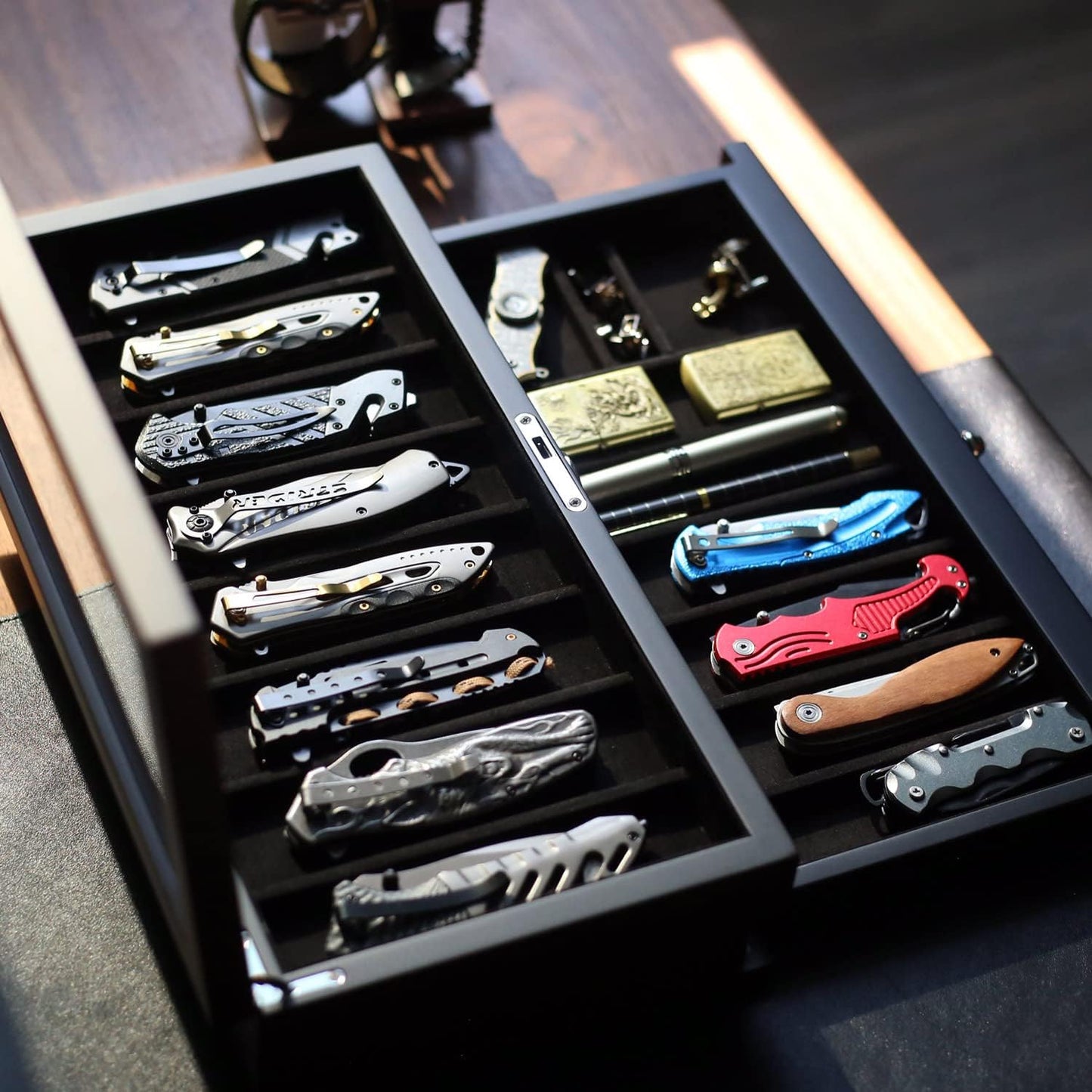 Pocket Knife Display Case for men collection holder 22-26 folding knife with Walnut Finish Three-Tier Knife organizer storage box with Real Glass Window Top (walnut veneer with 2 draw)