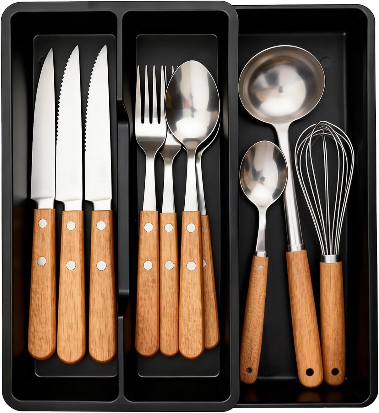 Kitchen Utensil Drawer Organizer, Expandable Cooking Silverware Tray, Adjustable Cutlery Flatware Holder for Spoon Fork Knife, 3 Compartments Black Plastic Spatula Tools Gadgets Storage Divider