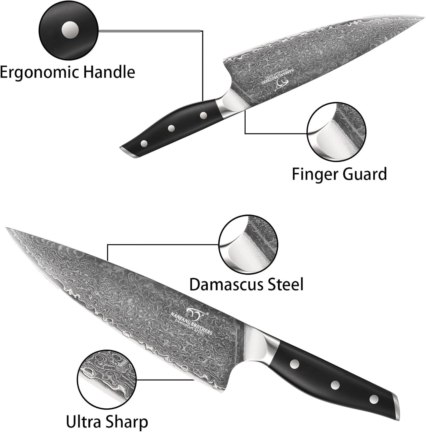 Damascus Knife Set with Block for Kitchen, 7-Piece VG10 Damascus Steel Kitchen Knife Set with Triple-Rivet Handles, Chef, Bread & Santoku Knives, Shears, Natural Wooden Block