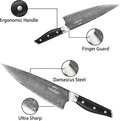 Damascus Knife Set with Block for Kitchen, 7-Piece VG10 Damascus Steel Kitchen Knife Set with Triple-Rivet Handles, Chef, Bread & Santoku Knives, Shears, Natural Wooden Block