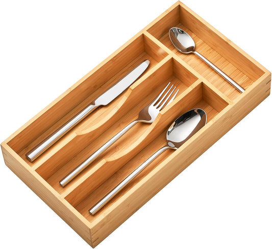 Umilife Bamboo Kitchen Drawer Organizer, 9 Inch Silverware Utensils Tray Holder for Small Drawer, Wood Caddy for Flatware Cutlery Knives