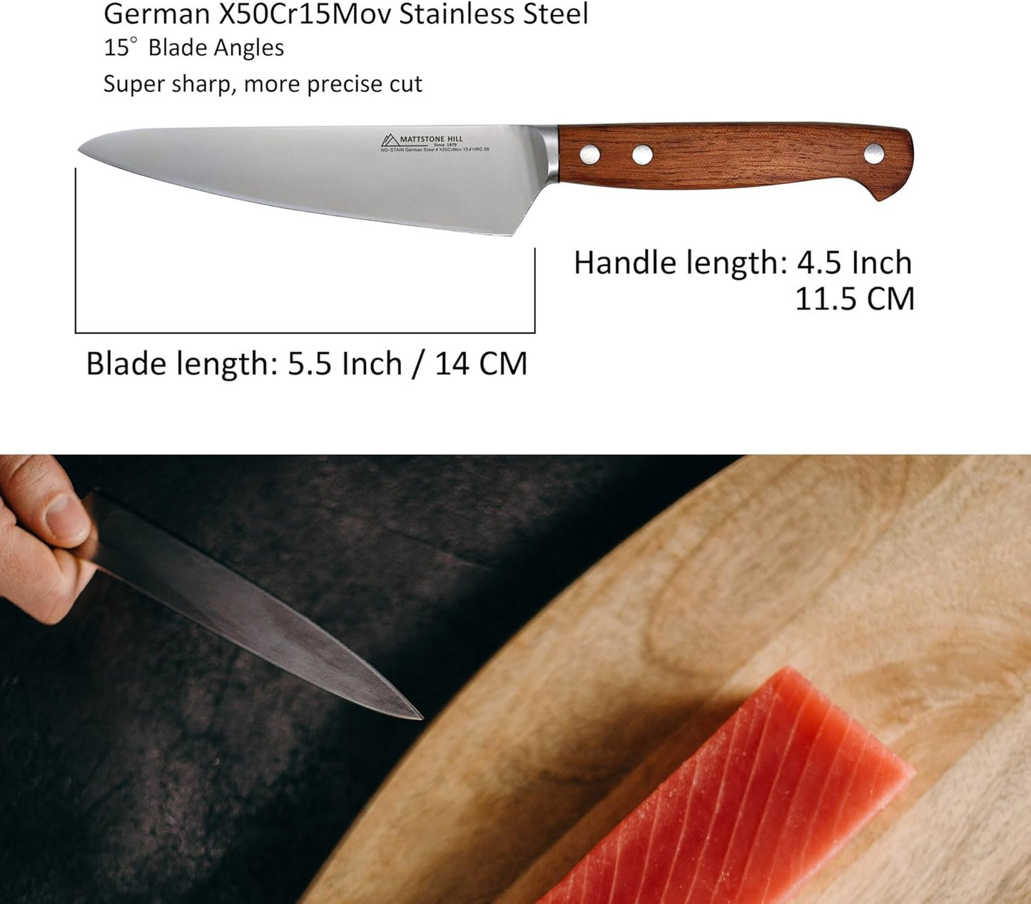 MATTSTONE HILL Utility Knife 5.5 Inch - Small Kitchen Compact Chef Knife, Petty, German Steel, Wood Handle