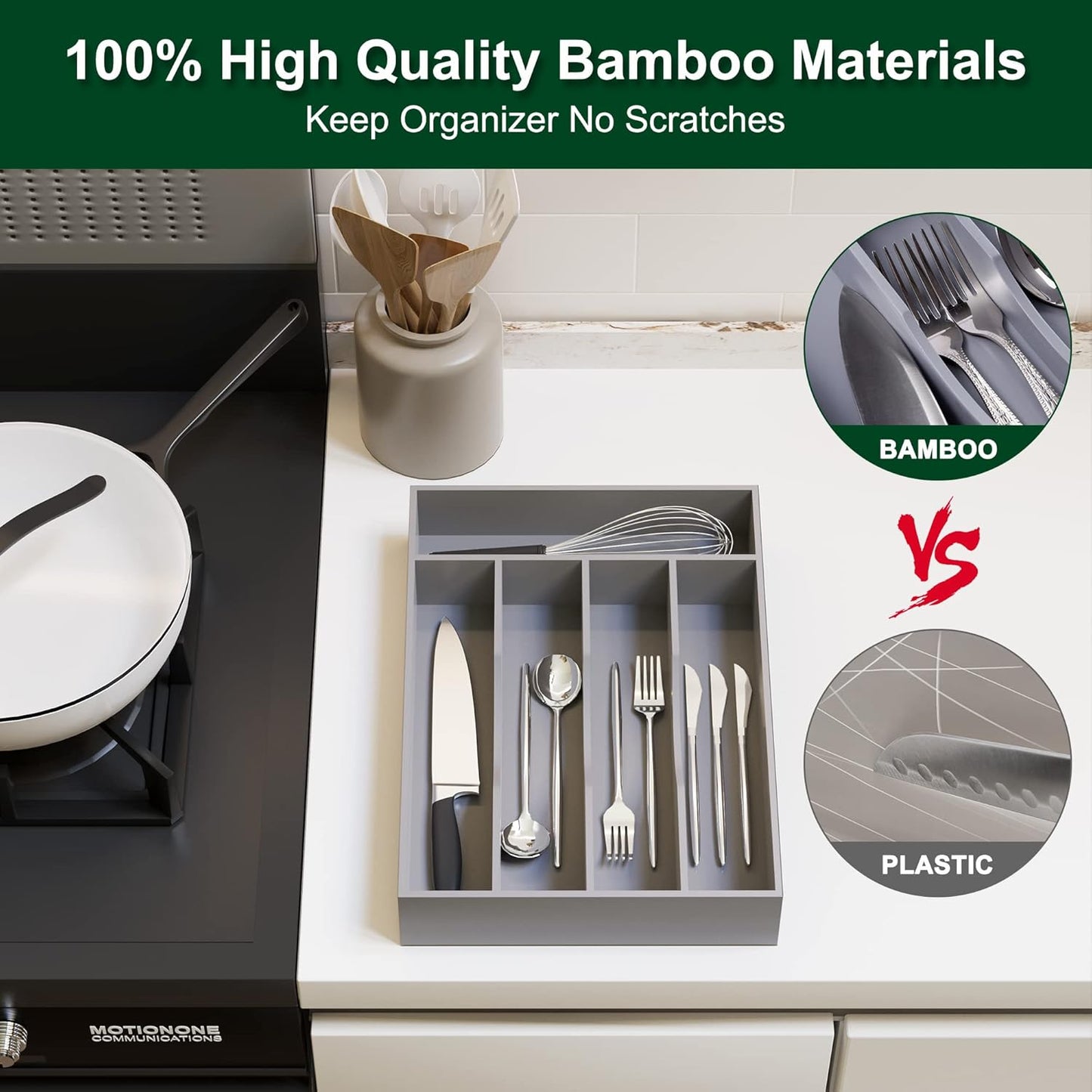 Bellsal Natural Utensil Organizer 12.5 Inch Silverware Organizer for Drawer Utensil Holder Cutlery Organizer Kitchen Drawer Organizer 7 Compartment Small Narrow Bamboo