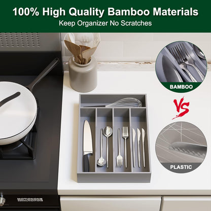 Bellsal Natural Utensil Organizer 12.5 Inch Silverware Organizer for Drawer Utensil Holder Cutlery Organizer Kitchen Drawer Organizer 7 Compartment Small Narrow Bamboo