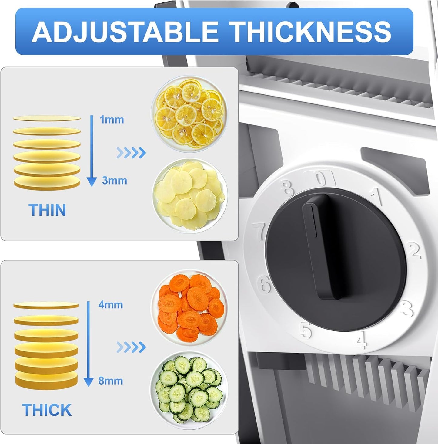 QYKIC Safe Mandoline Slicer, Potato Clips Slicer, Vegetable Food Slicer, Thickness Adjustable for Cucumber Onion Carrot Lemon (Only Slicer White)