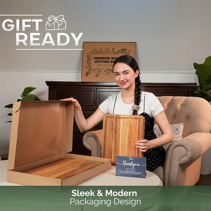 Howizz Acacia Wood Large Cutting Board, Thick End Grain Solid Wood Butcher Block For Kitchen, Non Toxic Pre-Oiled Carving Tray w/Juice Grooves and Easy Grip Handle, 20"x15"x1" (Gift-Ready Box)