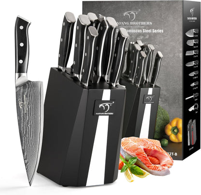 NANFANG BROTHERS Knife Sets for Kitchen with Block, Damasucs Kitchen Knife Sets 9 Pieces with Ergonomic Triple Rivet Handle, Kitchen Knives for Chopping, Slicing, Dicing & Cutting