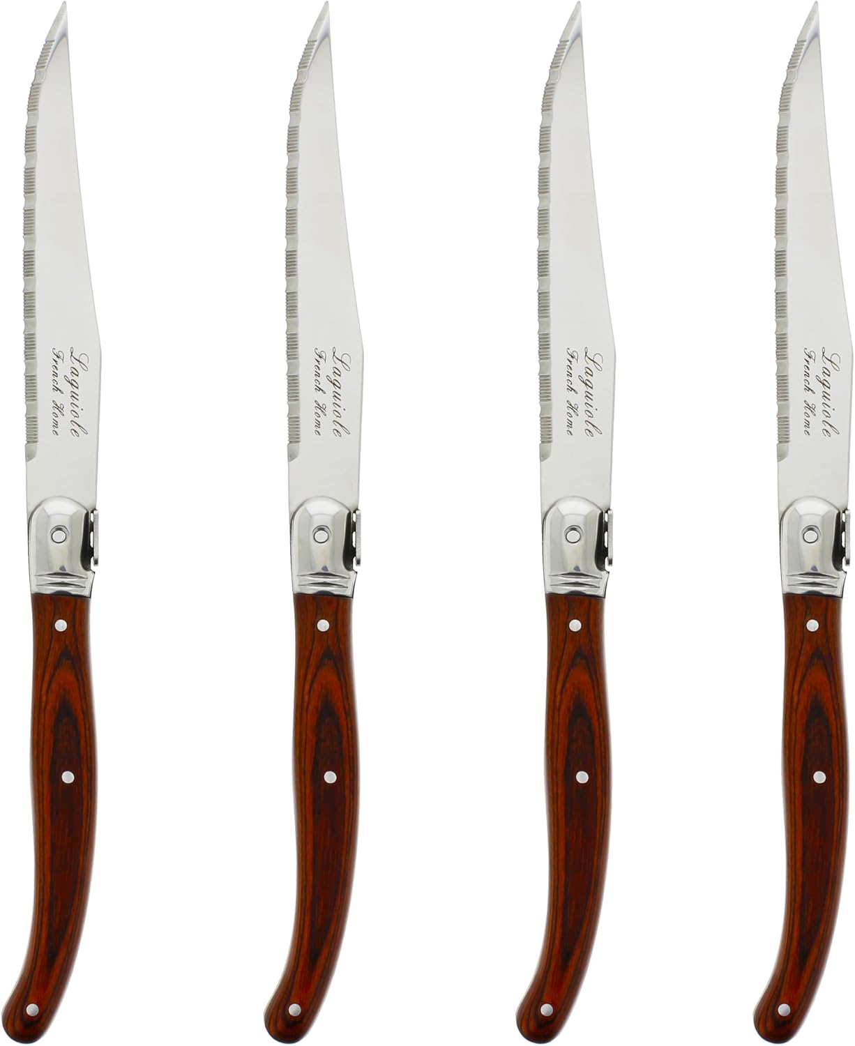 French Home Laguiole 4-Piece Steak Knife Set – Sophisticated Stainless Steel Dinner Knives with Navy Blue Handles & Iconic Bee Emblem – Serrated Knives for Smooth Cutting (9.25")