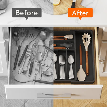 Lifewit Silverware Drawer Organizer, Expandable BPA Free Plastic Utensil Tray for Kitchen, Adjustable Flatware Cutlery Holder for Spoons Forks Knives, 21.3- 36 x 16.9", Gray