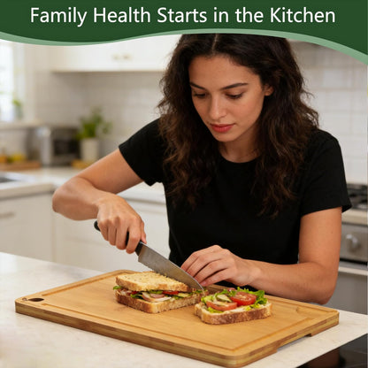 Cutting Boards for Kitchen, Bamboo Cutting Board Set of 3 with Storage Stand, Deep Carbonized Chopping Boards with Deep Juice Grooves and Side Handles for Meat, Vegetables, Fruit and Meal Prep