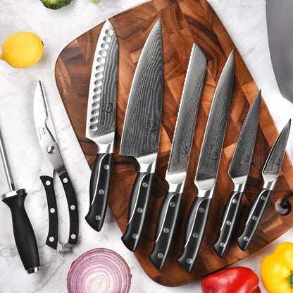 18 Pieces Damascus Kitchen Knife Set, 8 Piece Steak Knives, Non-slip ABS Ergonomic Triple Rivet Handle for Meat Fork, Knife Sharpener and Shears, 17 Slots Fraxinus Manchuria Knife Block (Grey)