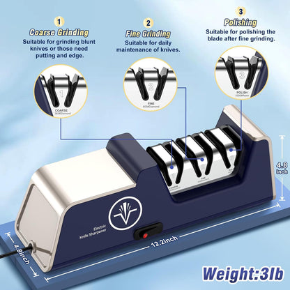 Electric Knife Sharpener for 15 to 20-Degree Knives 100% Diamond Abrasive Stropping Precision Guides for Straight&Serrated Edges&Ceramic Knife, Single&Double-bevel Knives, 3-Stage