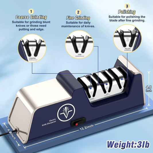 Electric Knife Sharpener for 15 to 20-Degree Knives 100% Diamond Abrasive Stropping Precision Guides for Straight&Serrated Edges&Ceramic Knife, Single&Double-bevel Knives, 3-Stage
