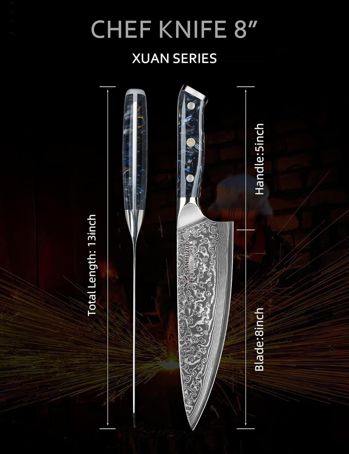 Chef Knife - 8 inch - Xuan Series - VG10 Damascus Steel Kitchen Knife - Resin Handle (Sapphire Blue)